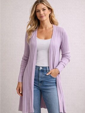 Free People Lilac Ribbed Open-Front Long Cardigan